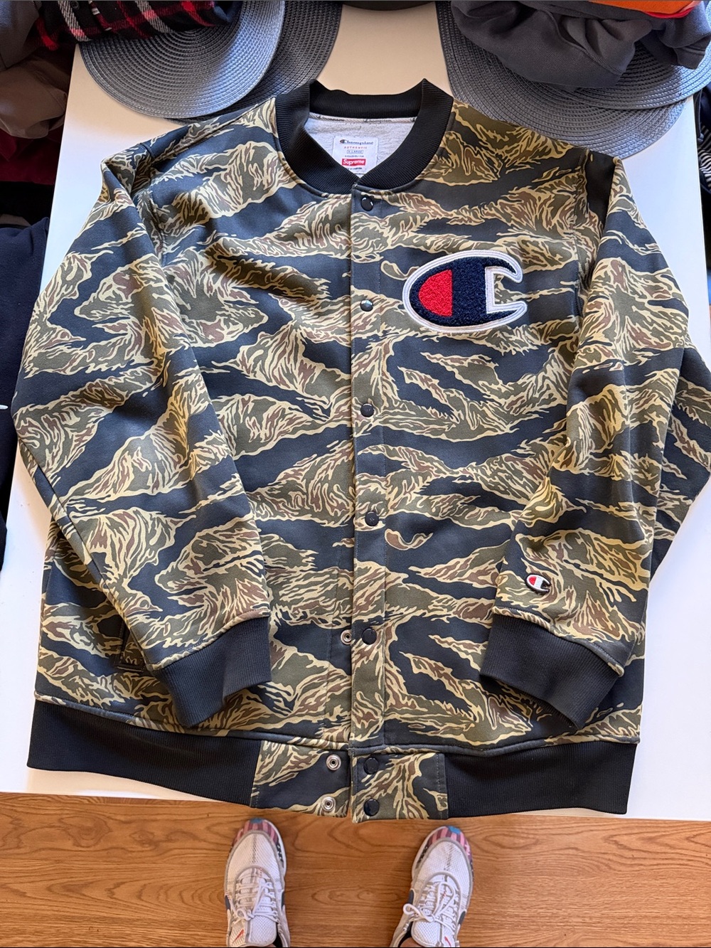 Supreme x Champion Tiger Camo Bomber Jacket in Olive & Black with Logo Patch